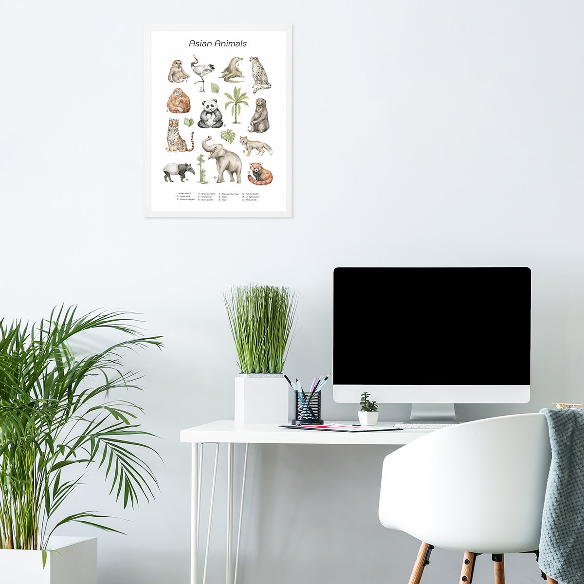 Plakat dla dzieci zwierzęta Azji w białej ramce powieszony w pokoju dziecięcym nad biurkiem z komputerem#jezyk_angielski