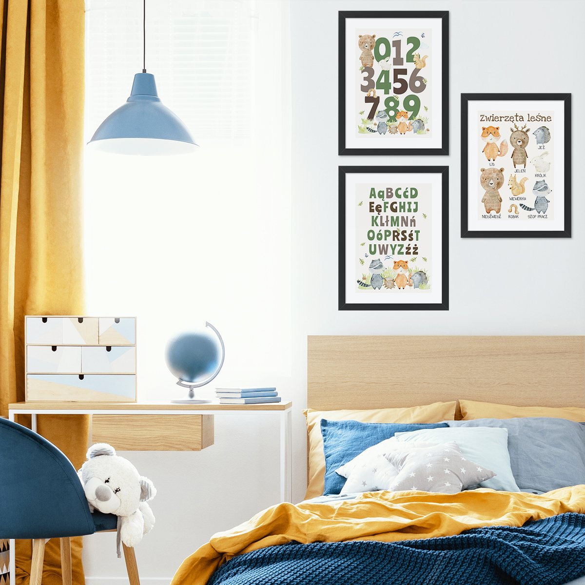 Plakaty na ścianę dla małych dzieci abecadło, liczby i zwierzęta leśne