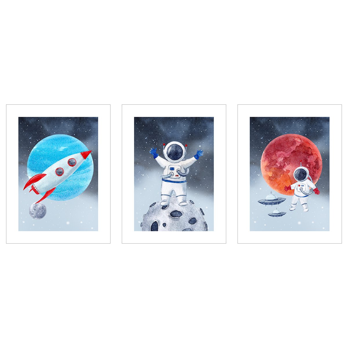 Plakaty do pokoju dziecięcego i młodzieżowego  - astronauta w kosmosie - zestaw trzech plakatów