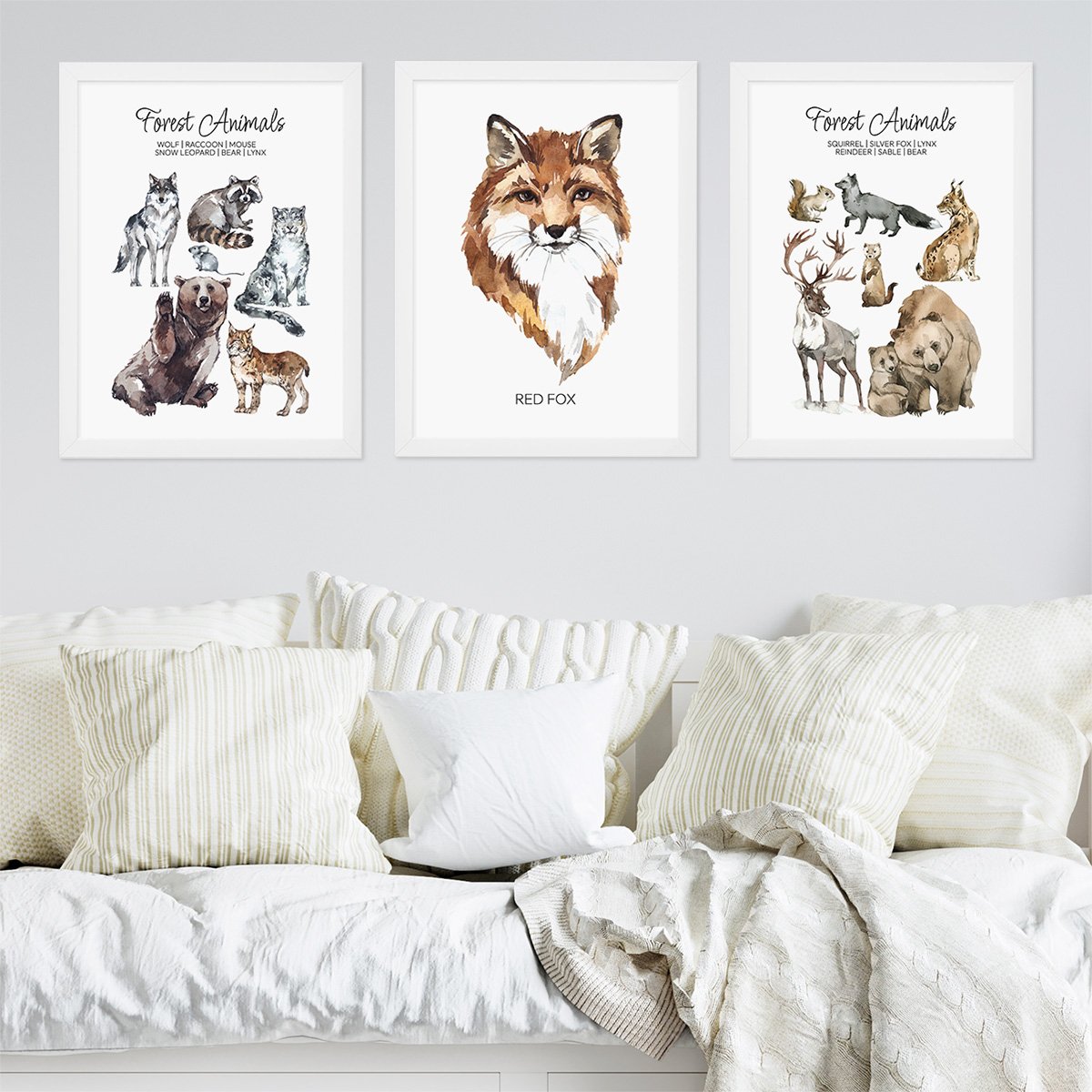 Plakaty dla dzieci zwierzęta leśne w białych ramkach