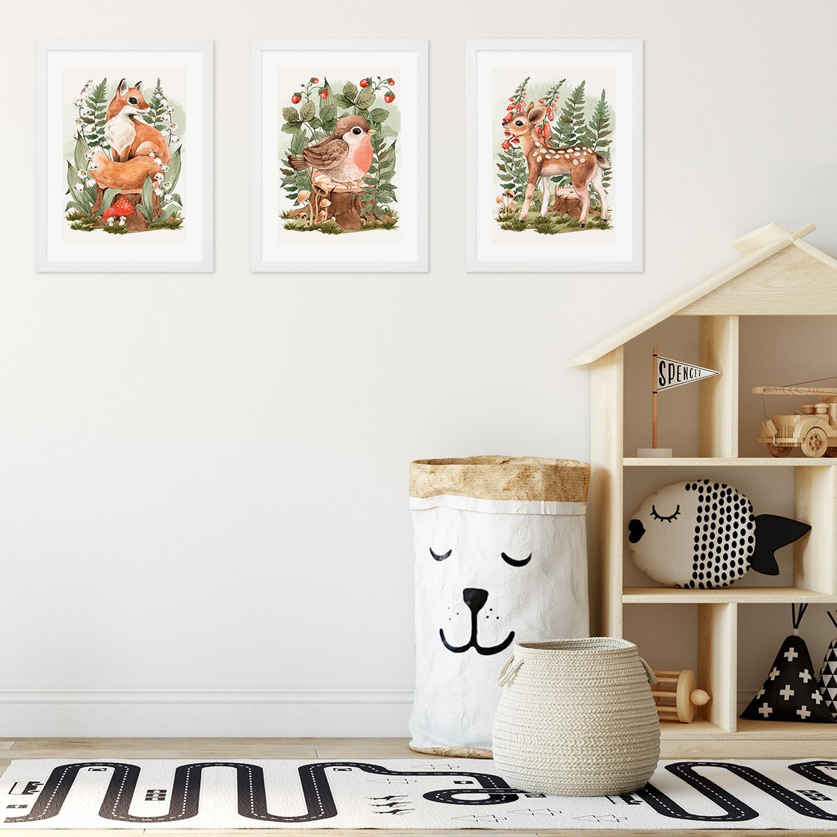 Plakaty dla dzieci z rudym lisem, ptakiem i sarenką