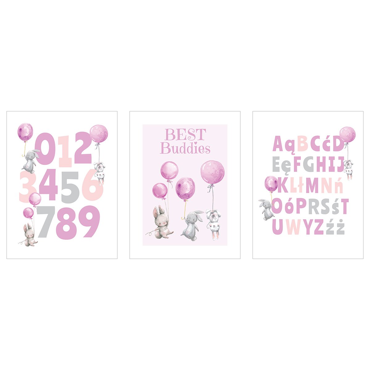 Plakaty dla dzieci z alfabetem, cyframi i króliczkami#kolor_rozowy