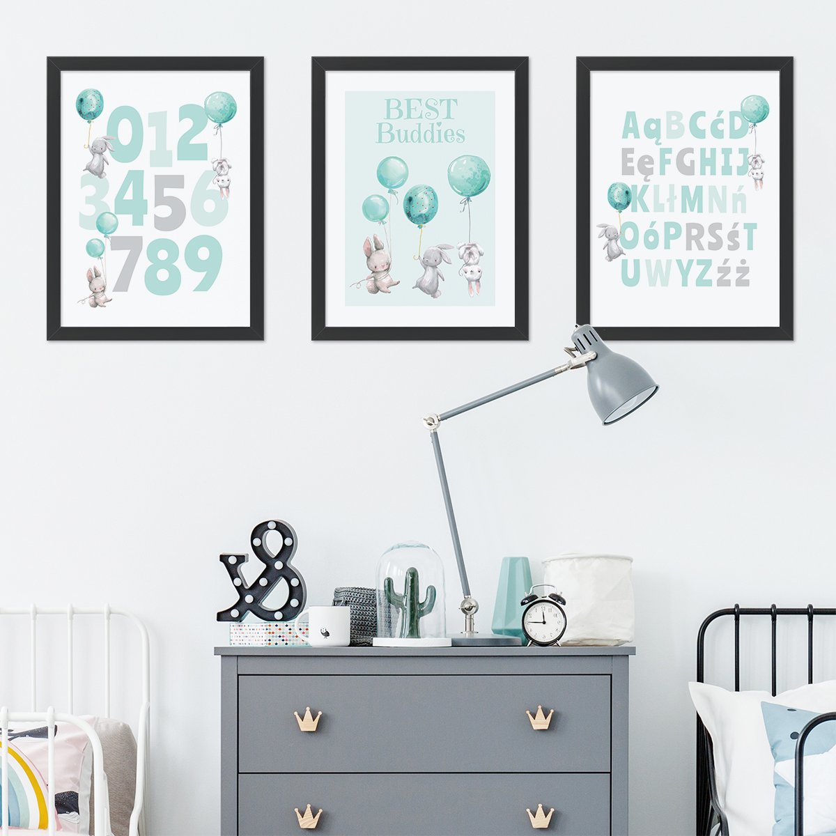 Plakaty alfabet i cyfry dla małych dzieci do pokoju#kolor_mietowy