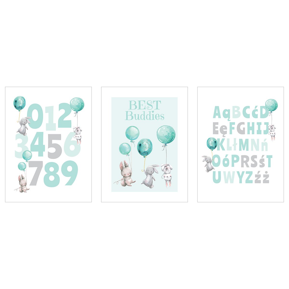 Plakaty dla dziecka - cyfry i polski alfabet - zestaw trzech plakatów#kolor_mietowy