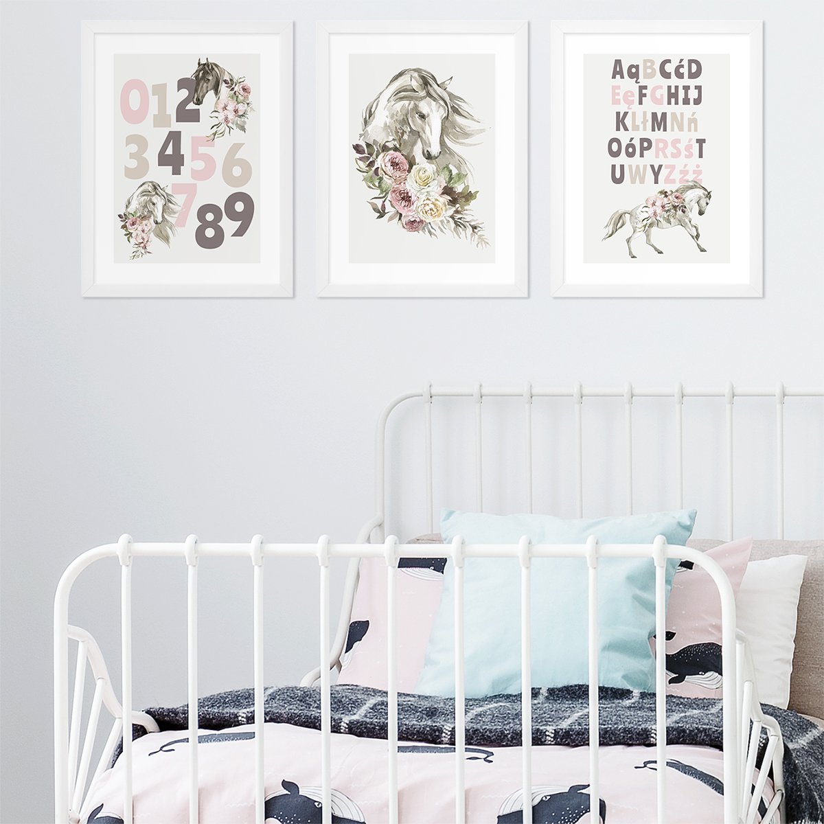 Plakaty dla dziewczynki alfabet, cyfry i konie