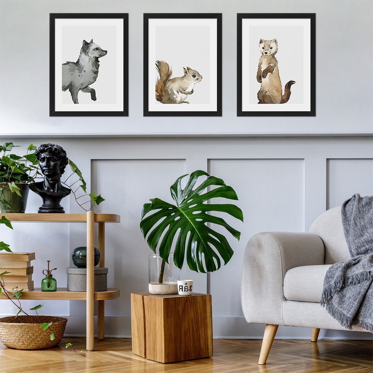 Plakaty lis srebrny, kuna i wiewiórka do salonu