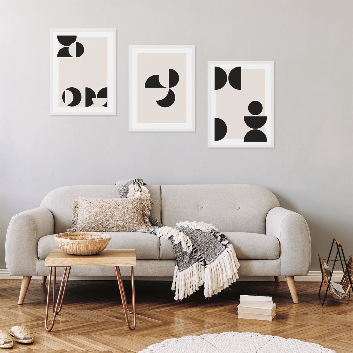 Plakaty do salonu z białymi ramkami figury geometryczne