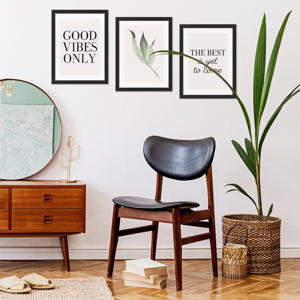 Plakaty do salonu napisy i kwiaty w czarnych ramkach#kolor_brzoskwiniowy