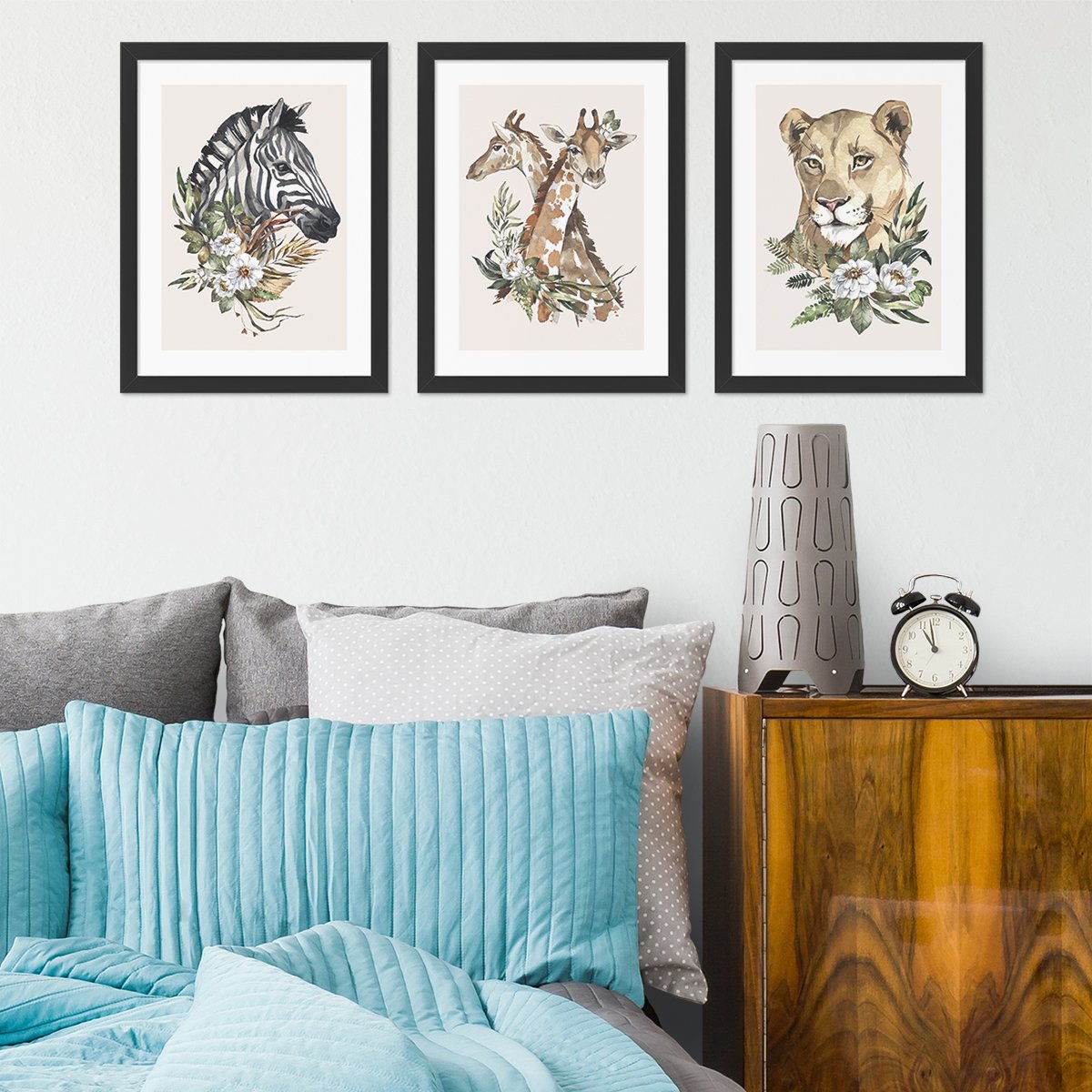 Plakaty do sypialni zwierzęta afrykańskie w czarnych ramach