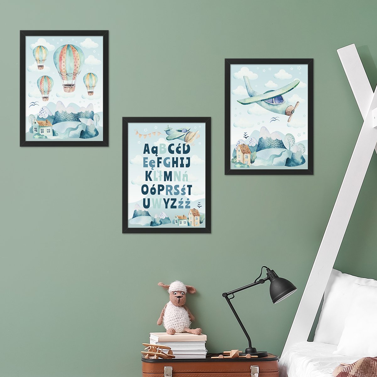 Plakaty dydaktyczne dla chłopca alfabet, samoloty i góry