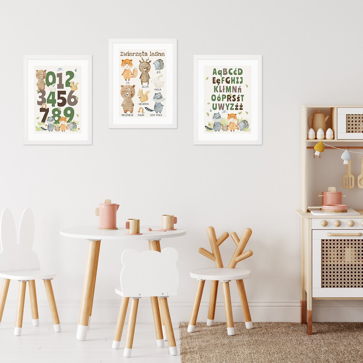 Plakaty edukacyjne dla przedszkolaków - cyfry, alfabet i zwierzęta leśne