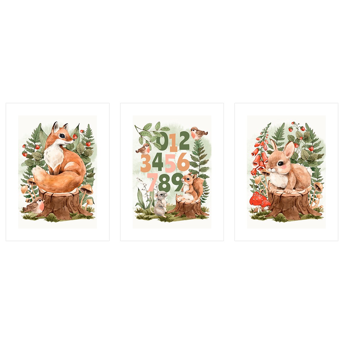 Plakaty edukacyjne do pokoju dzieci - cyfry i zwierzęta leśne - zestaw trzech plakatów