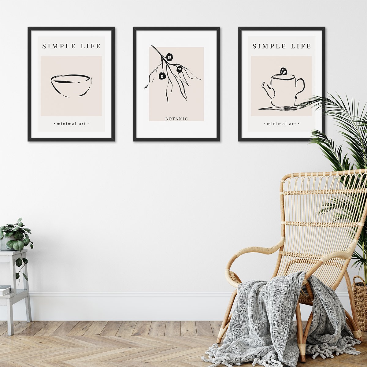 Plakaty 50x70 cm do salonu grafika nowoczesna - zestaw trzech plakatów z czarnymi ramkami