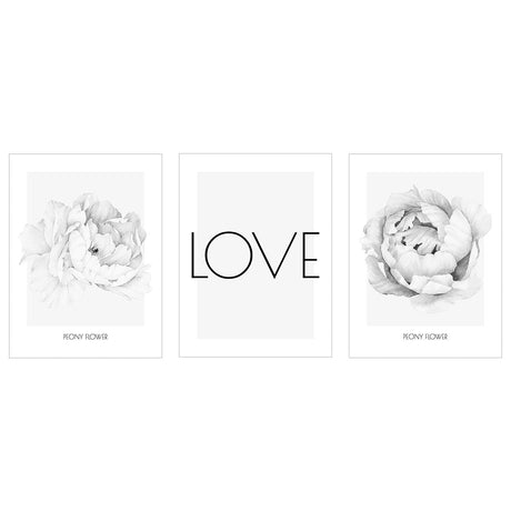 Plakaty na ścianę - napis LOVE i kwiaty piwonii - zestaw trzech plakatów#kolor_szary