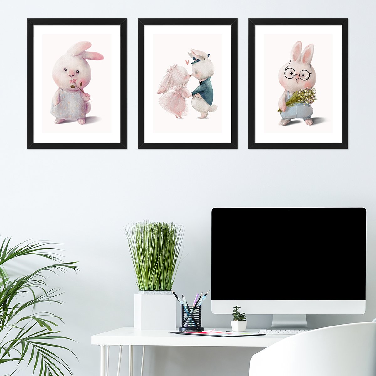 Trzy plakaty na ścianę dla dzieci króliki w pastelowych barwach i czarnych ramkach