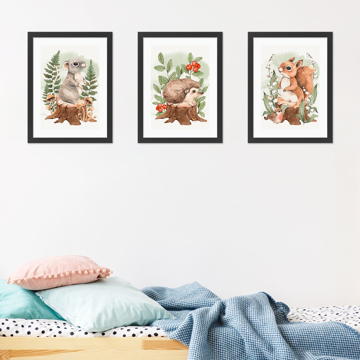 Plakaty na ścianę dla dziewczynki ze zwierzętami leśnymi - myszką, jeżem i ruda wiewiórką