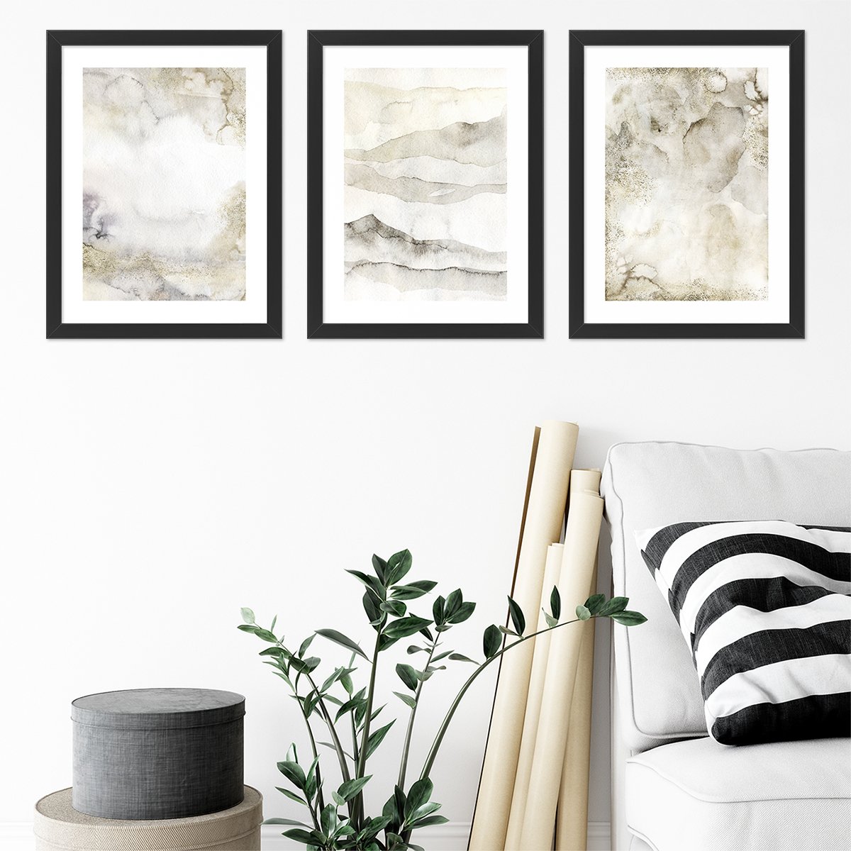 Plakaty 30x40 cm z czarnymi ramkami do salonu - zestaw trzech sztuk plakatów