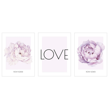 Plakaty na ścianę - kwiaty piwonie i napis LOVE - zestaw trzech plakatów#kolor_fioletowy
