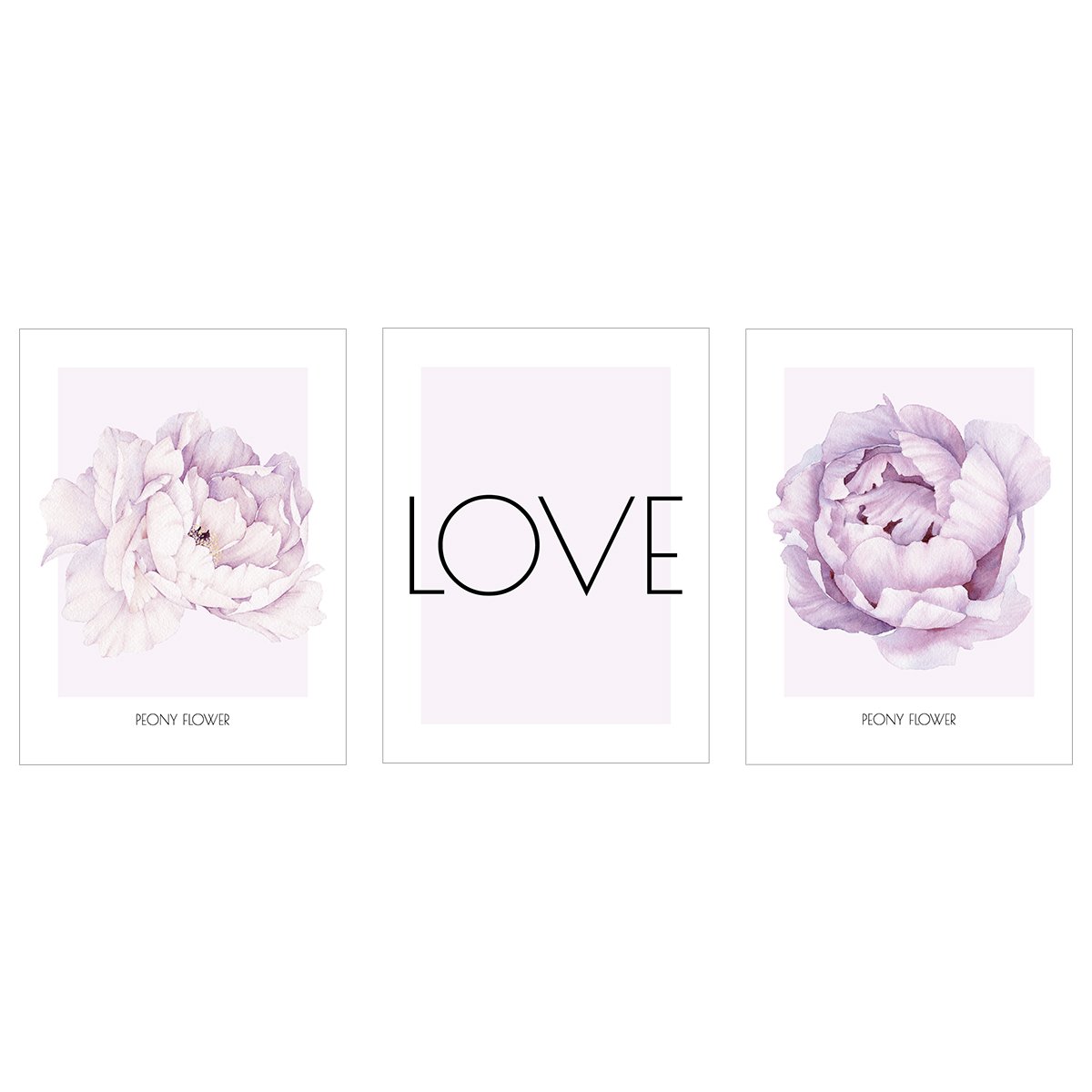 Plakaty na ścianę do sypialni - piwonie i napis LOVE - zestaw trzech plakatów#kolor_fioletowy