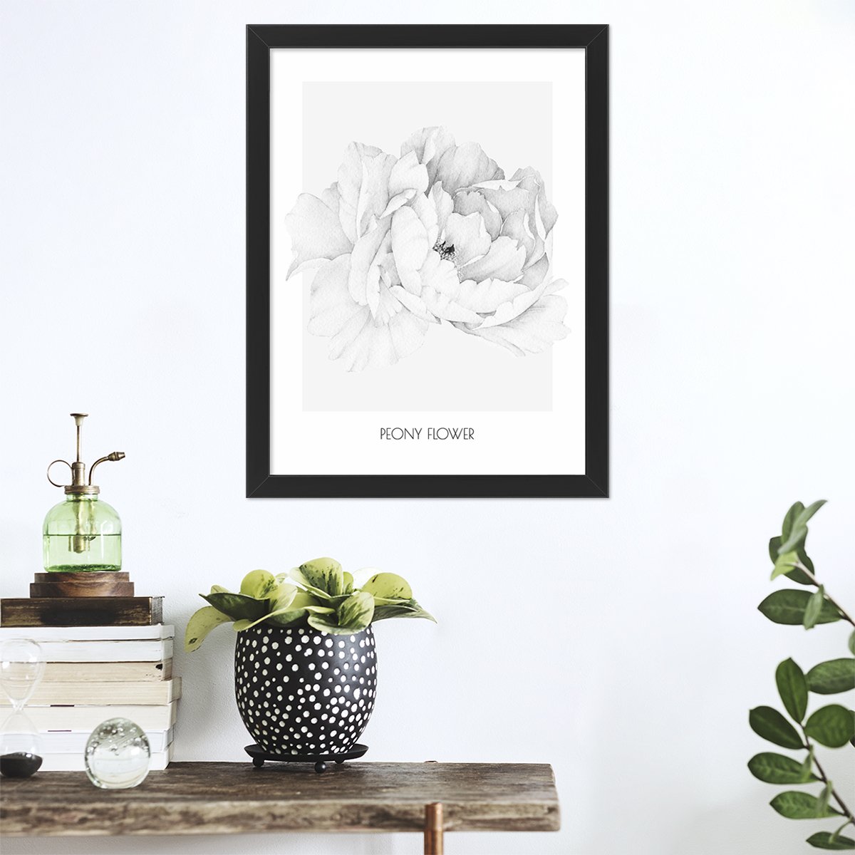 Plakat na przedpokój z szarym kwiatem piwonii w czarnej ramie powieszony nad półką#kolor_szary