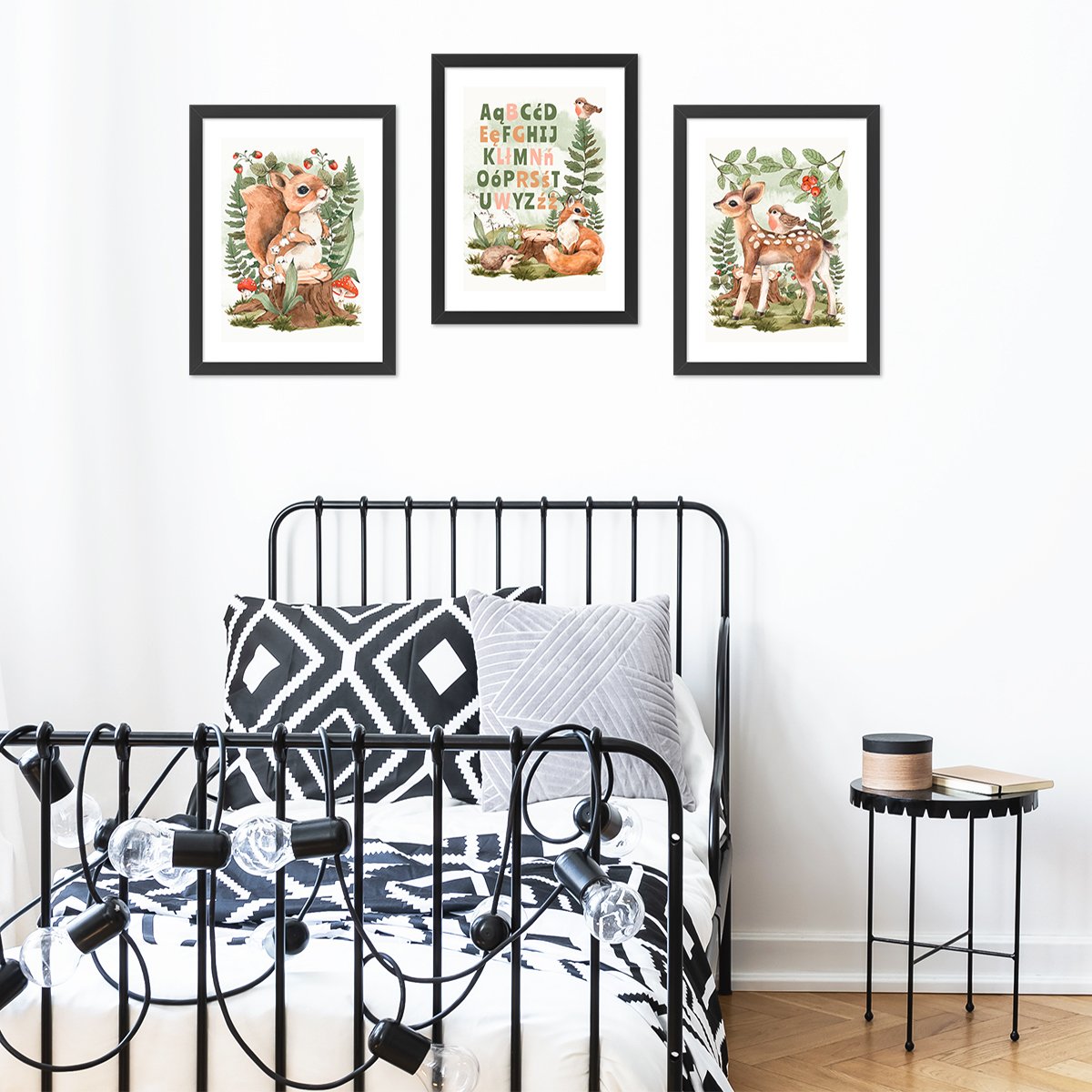 Plakaty edukacyjne z czarnymi ramkami dla dzieci - alfabet, las i zwierzęta leśne