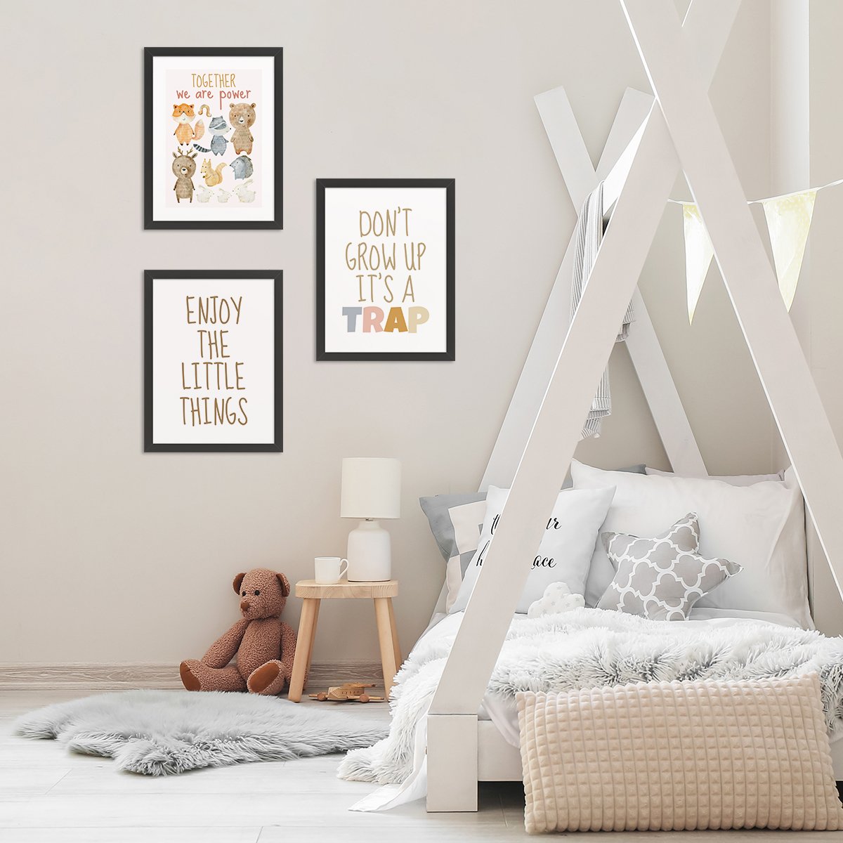 Plakaty zwierzęta leśne i napisy motywacyjne w języku angielskim dla dzieci