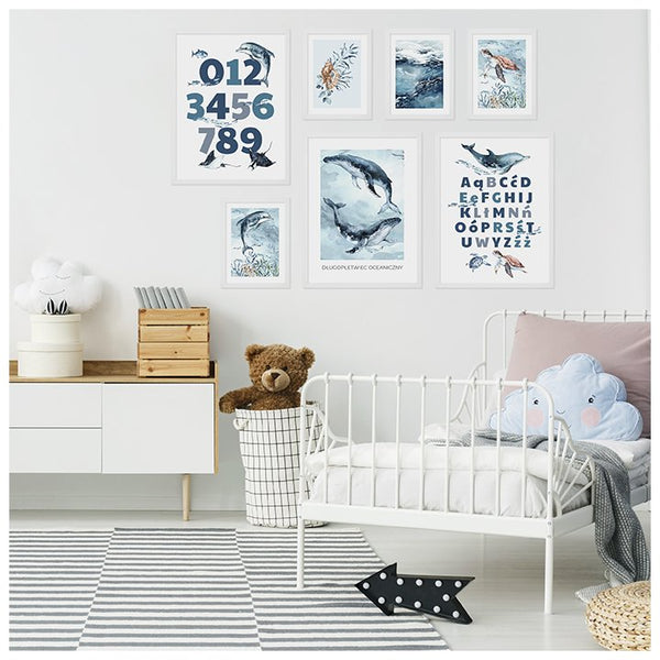 Galeria plakatów z oceanem do pokoju dziecięcego - komplet siedmiu plakatów z ramkami