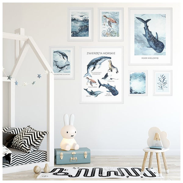 Galeria ścienna ze zwierzętami morskimi - komplet siedmiu plakatów z ramkami