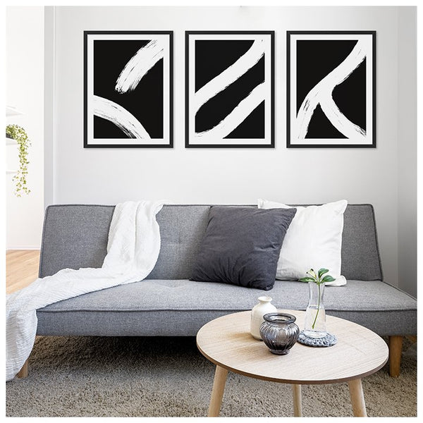 Zestaw trzech czarno białych plakatów do salonu ze sztuka abstrakcyjną - inspiracje