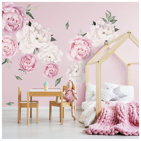 Naklejki ścienne z różowymi i białymi kwiatami piwonii do pokoju dziewczynki - inspiracje