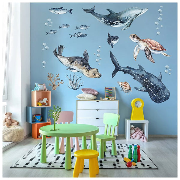 Naklejki na ścianę dla dzieci z delfinem i zwierzętami morskimi - inspiracje
