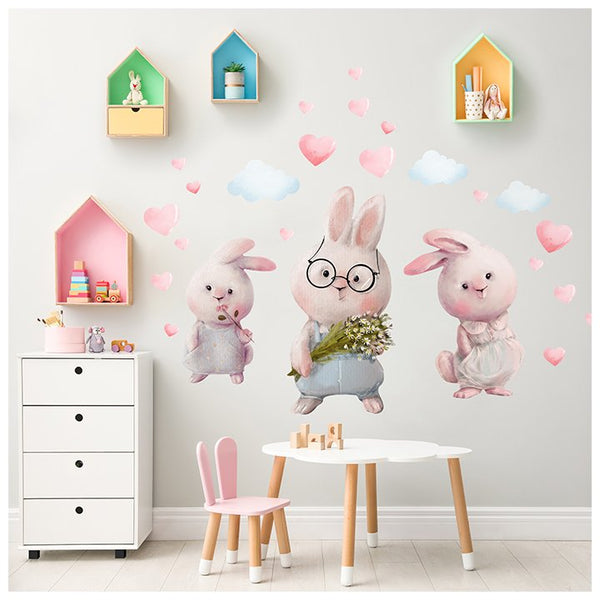 Naklejki na ścianę dla dzieci z trzema króliczkami i serduszkami - inspiracje