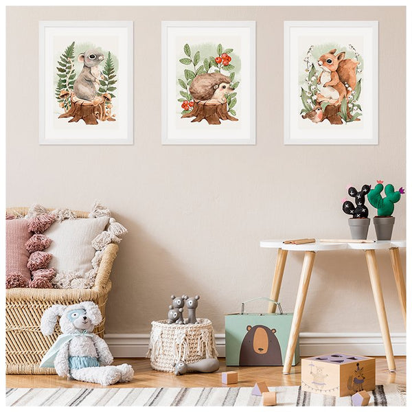 Zestaw trzech plakatów ze zwierzętami leśnymi do pokoju dziecka - inspiracje