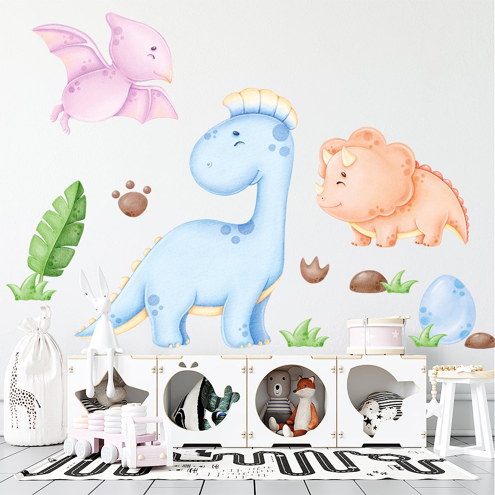 Naklejki na ścianę z kolorowymi dinozaurami dla przedszkolaków z kolekcji Dino World