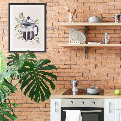 Plakat do kuchni z kawą w dzbanku i zielonymi gałązkami