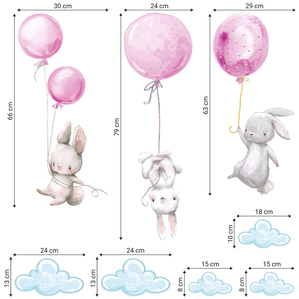 Różowe balony i króliczki naklejki na ścianę#kolor_rozowy