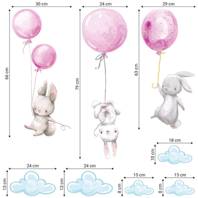 Różowe balony i króliczki naklejki na ścianę#kolor_rozowy