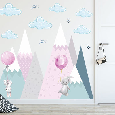 Duża naklejka na ścianę dla dziecka balony i góry#kolor_rozowy
