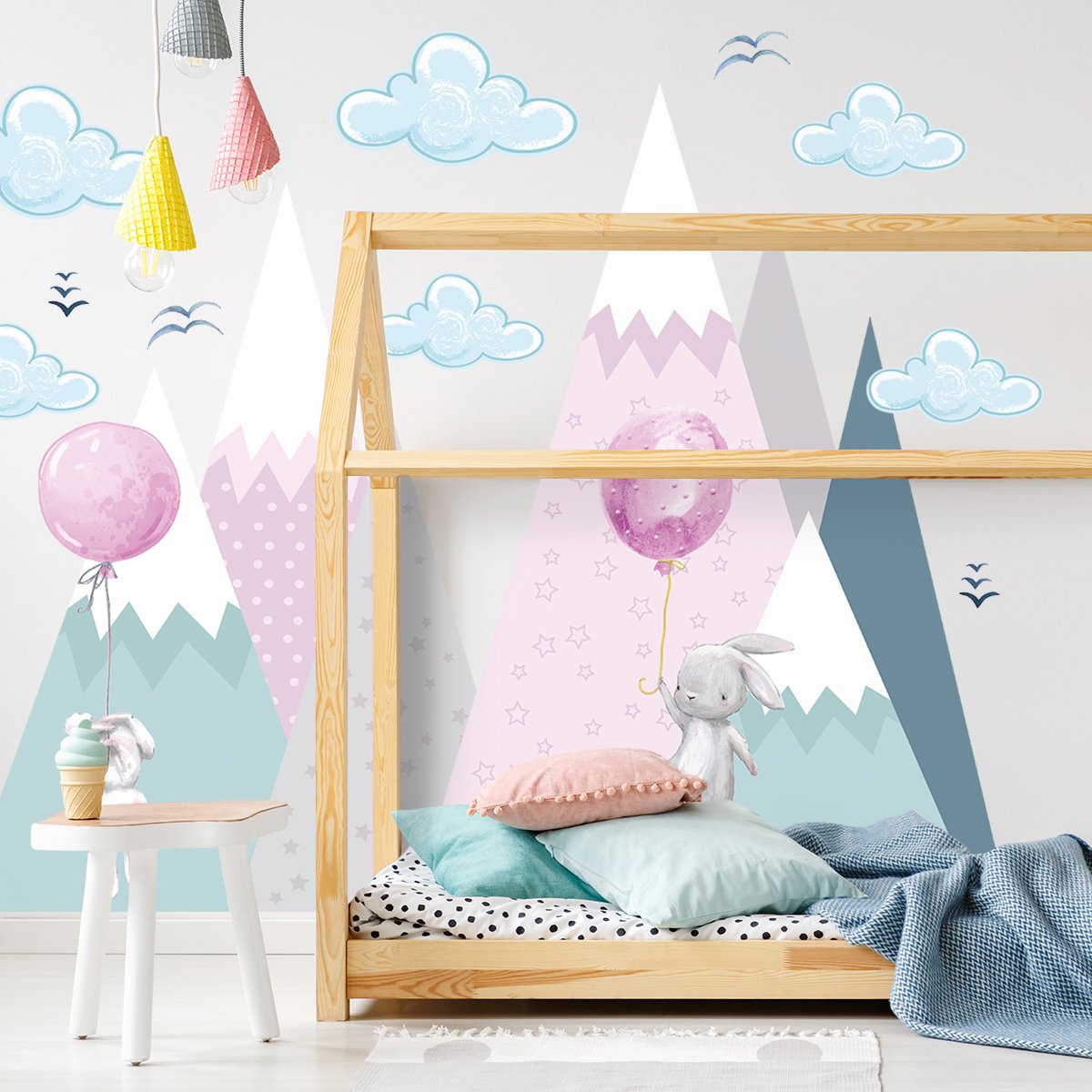 Duże naklejki na ścianę dla dzieci - króliki i góry - duży zestaw#kolor_rozowy