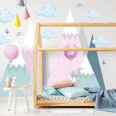 Duże naklejki na ścianę dla dziecka różowe góry i króliki#kolor_rozowy