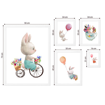 Galeria obrazów do pokoju dziecięcego z akwarelowymi królikami i balonami do pokoju dziecięcego#ramka_biala