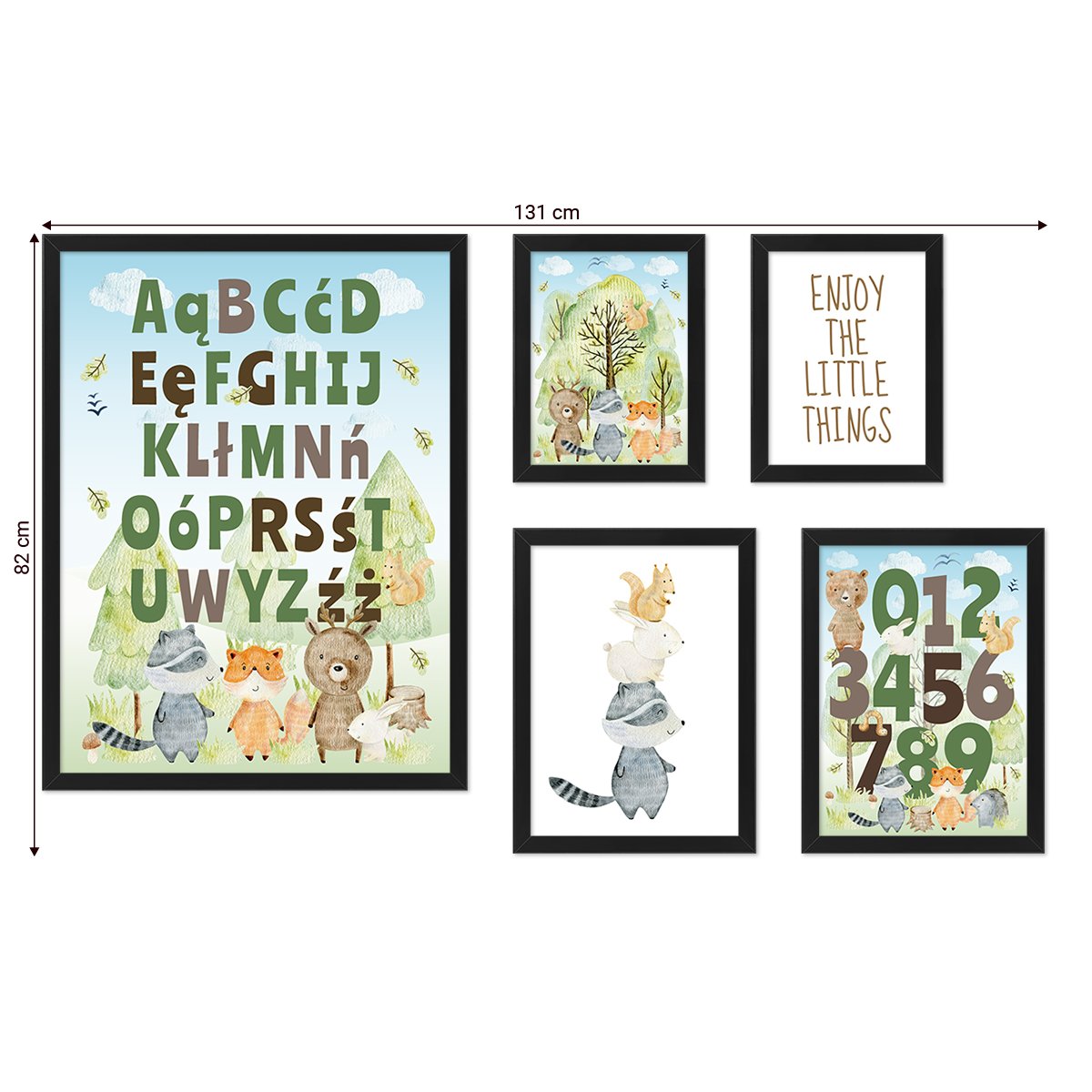 Leśna galeria ścienna edukacyjne grafiki z alfabetem i zwierzętami leśnymi dla małych dzieci#ramka_czarna