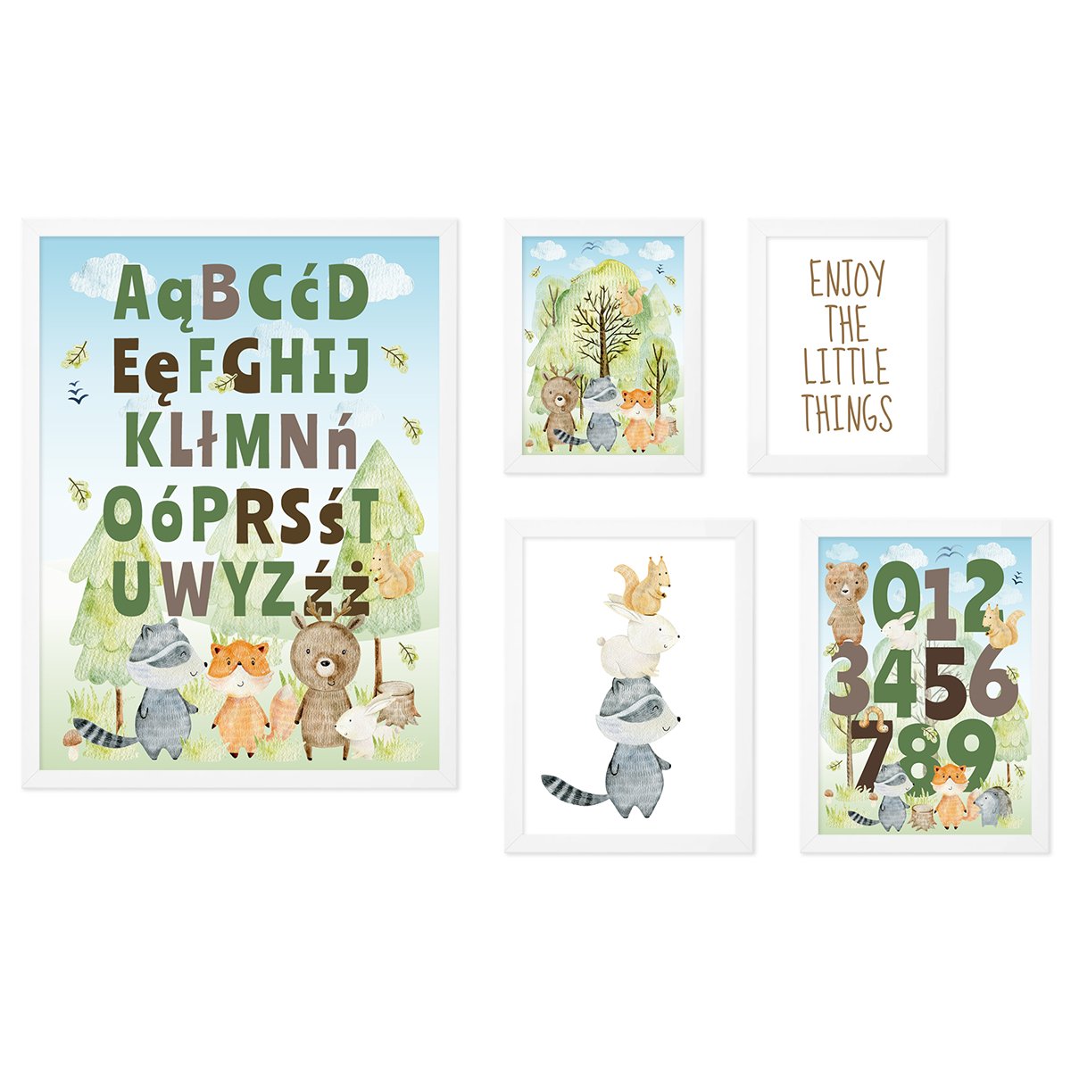 Galeria ścienna kolorowe leśne grafiki z alfabetem, cyframi i leśnymi zwierzętami w białych ramkach do pokoju dziecięcego#ramka_biala
