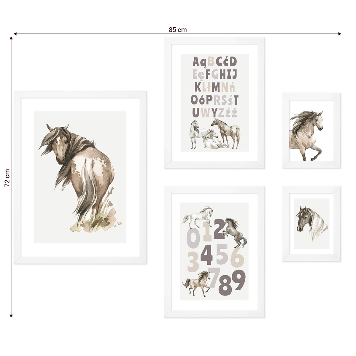 Galeria ścienna do  pokoju dziecięcego - edukacyjne grafiki z alfabetem i konie z białymi ramkami#ramka_biala