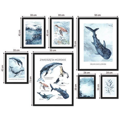 Galeria obrazów z motywem morza do pokoju dziecięcego - akwarelowe grafiki z morzem i zwierzętami morskimi oprawione w czarne ramki#ramka_czarna