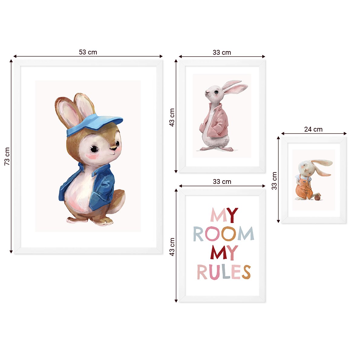 Galeria ścienna do pokoju dziecięcego z białymi ramkami w zestawie - grafiki z akwarelowymi królikami i napisemi#ramka_biala