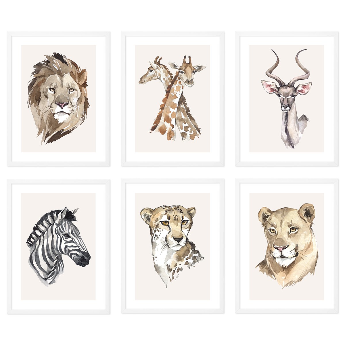 Galeria sześciu obrazów do salonu - akwarelowe grafiki z wizerunkami zwierząt Afryki w białych ramach#ramka_biala