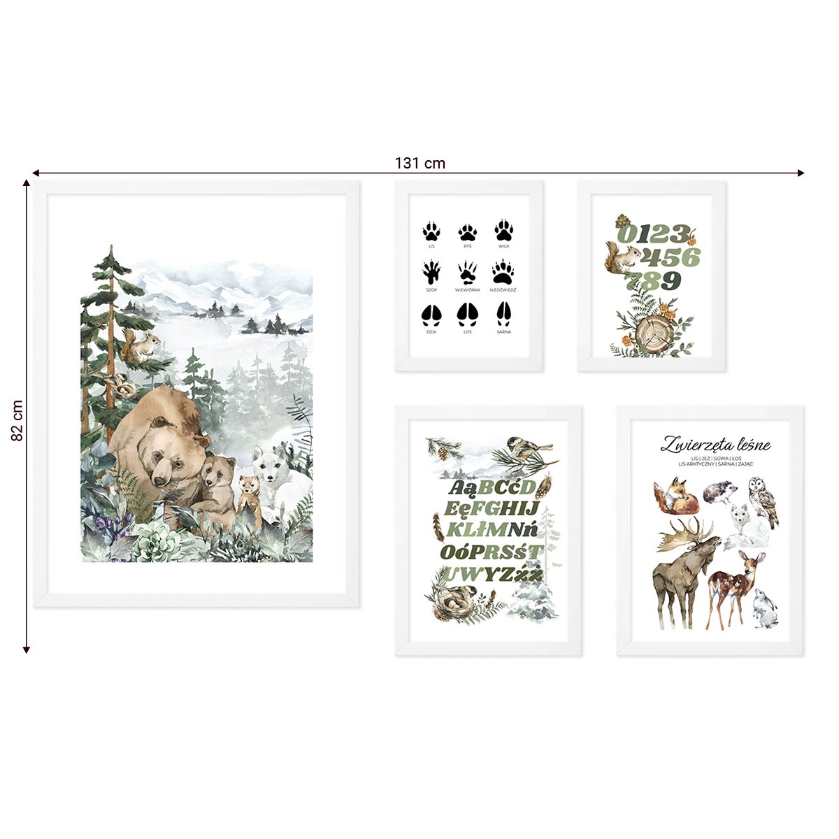 Galeria plakatów dla dzieci z motywem lasu i zwierząt leśnych, ilustracja z alfabetem i cyframi w białych ramkach#ramka_biala