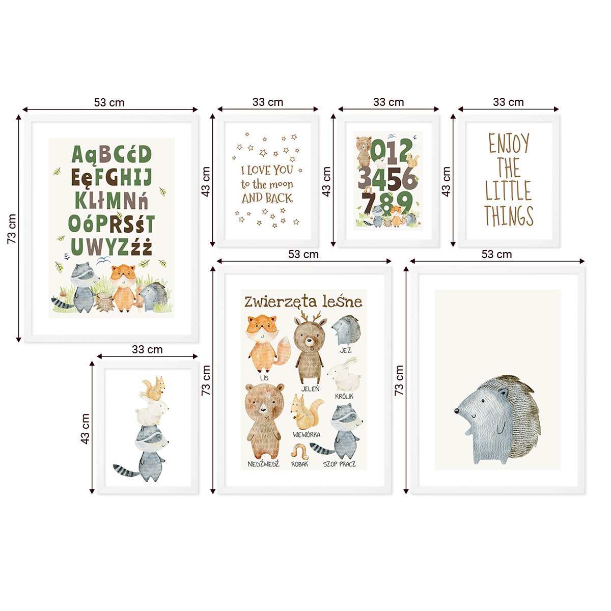 Galeria obrazów dla dzieci - ilustracje ze zwierzętami i alfabetem z białymi ramkami#ramka_biala