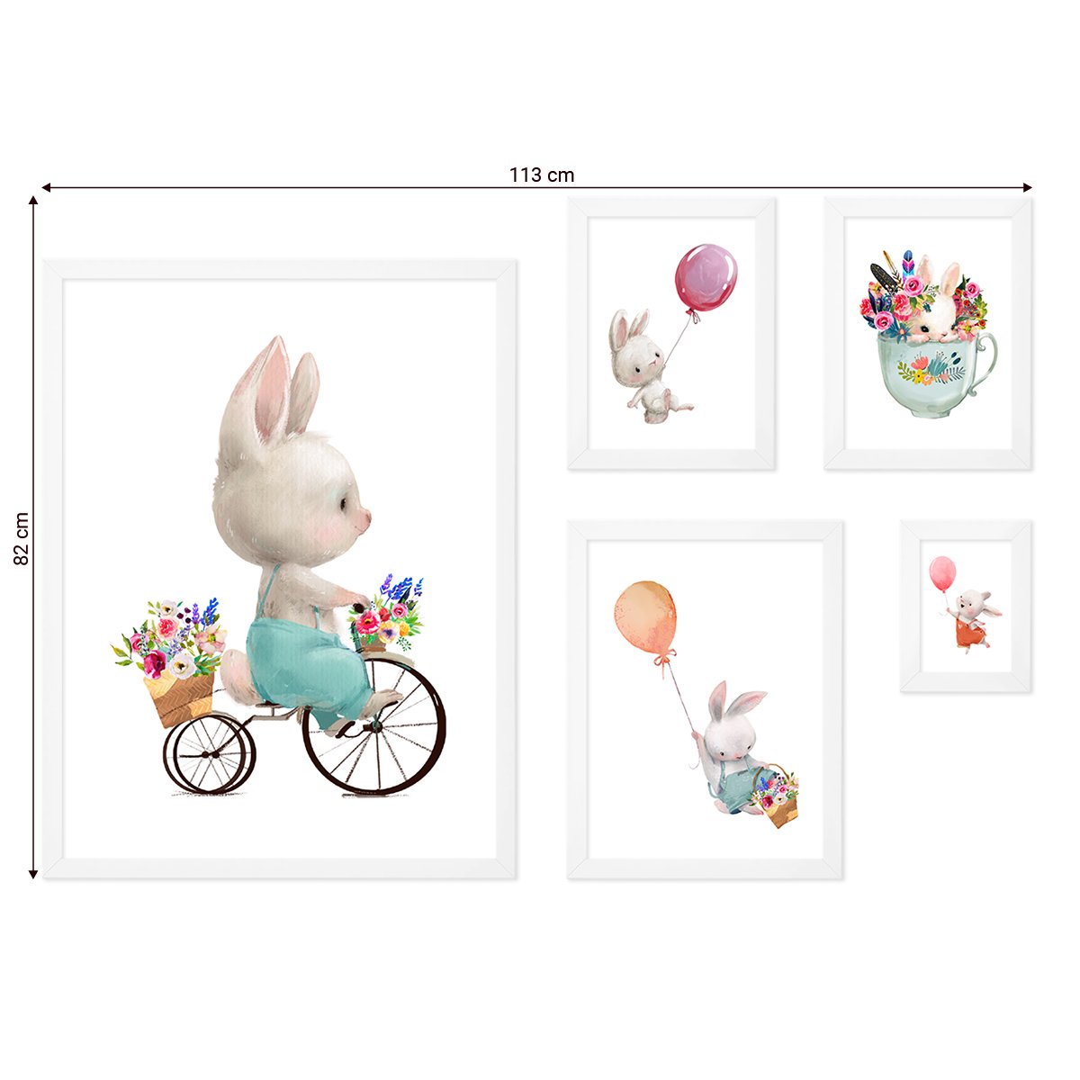 Galeria obrazów dla dzieci z białymi ramkami - malowane ilustracje z królikami i balonami#ramka_biala